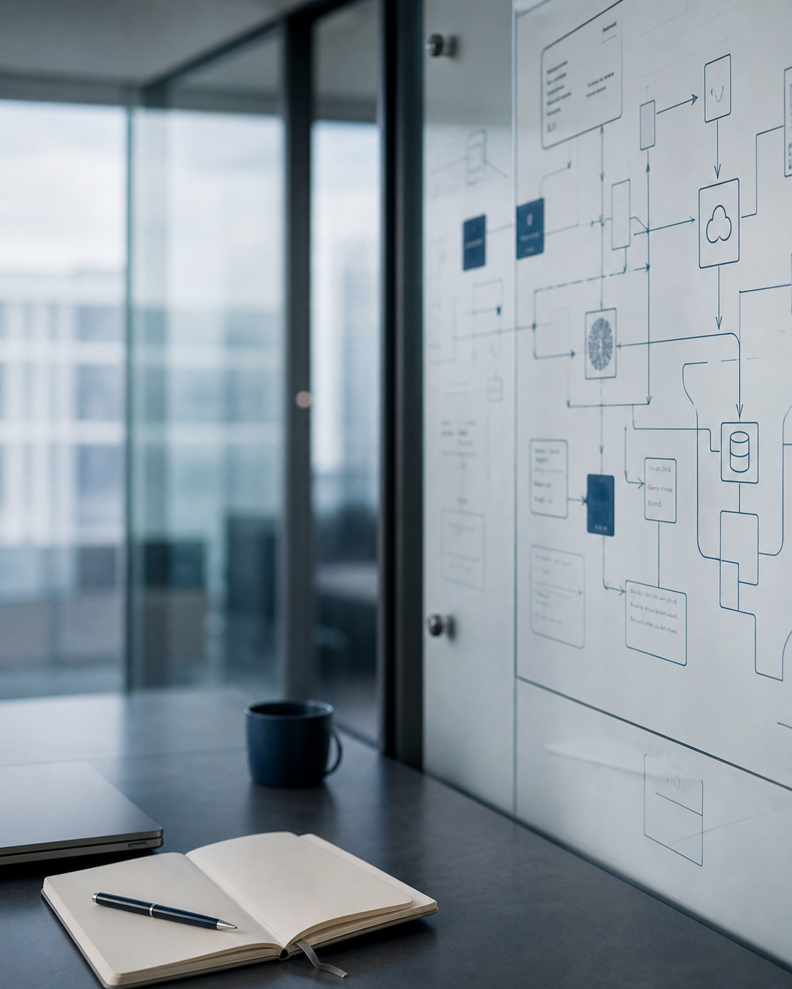 Abstrakte CRM- und ERP-Architektur auf einer Glaswand in einem ruhigen Büro